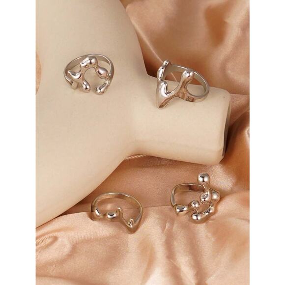 4x Chic Avant Garde Molten Liquid Silver Metal Drip Ring Set - Picture 2 of 5